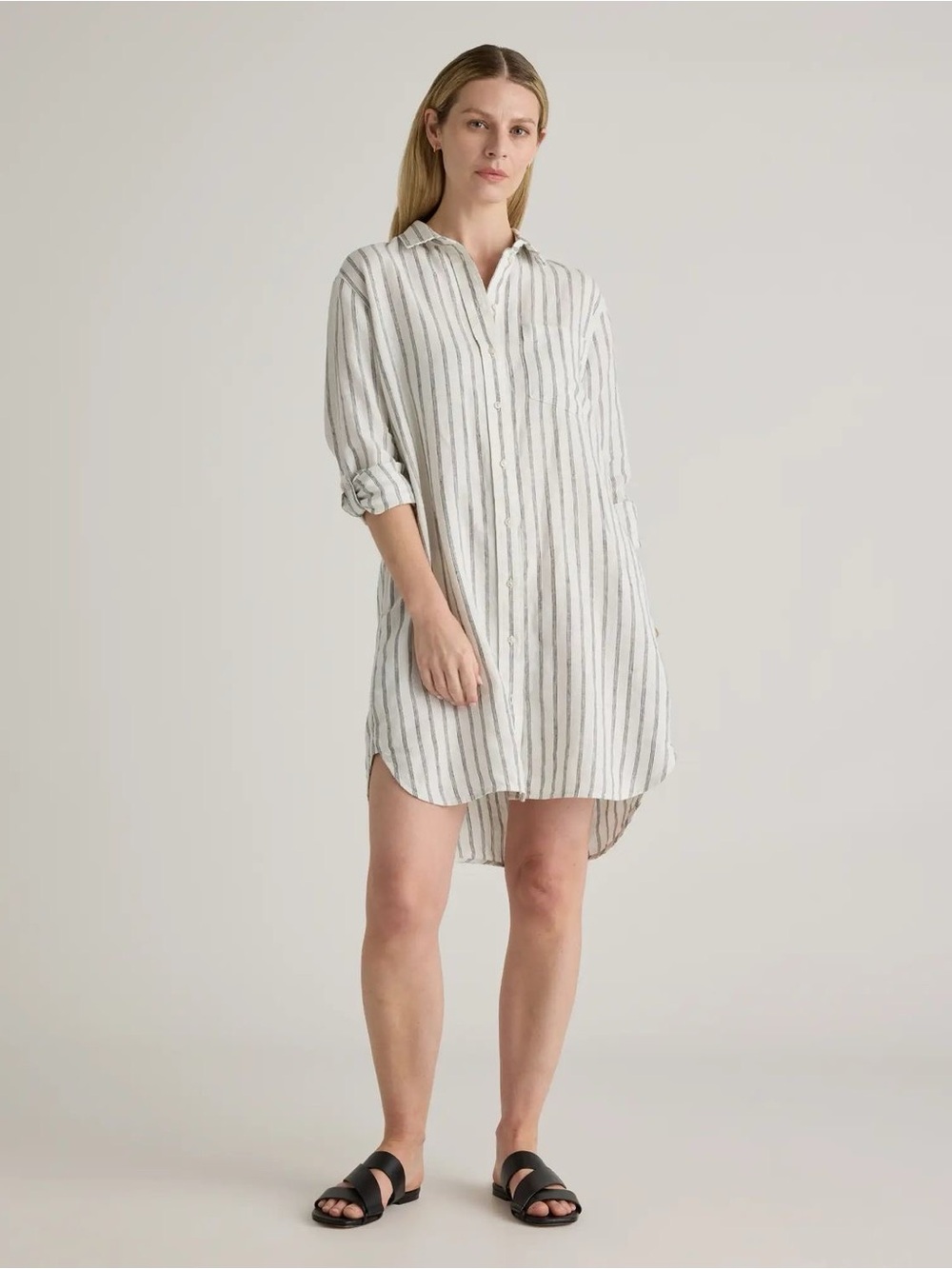 Quince 100% European Linen Shirt Dress, in Oatmeal and Black Stripes
